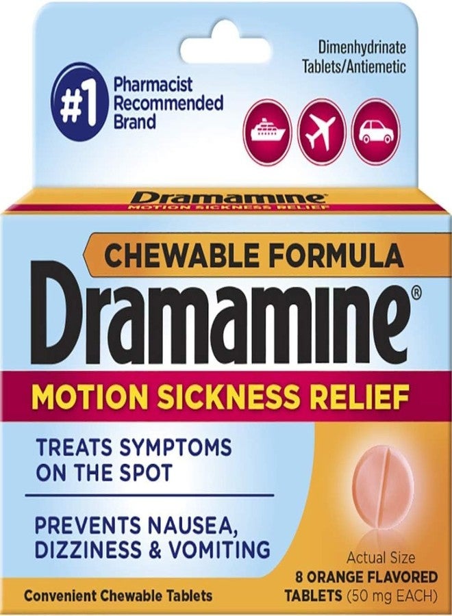 Dramamine Chewable Formula Motion Sickness Relief, 8 Orange Flavored Tablets each (Value Pack of 2) - Image 1